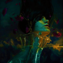 A surreal, dreamlike image inspired by Womb Rage: Righteous Dance of Your Dark Feminine, featuring a womans face and neck submerged in a glass vase of water and flowers, evoking feminine empowerment through vivid colors and moody lighting.